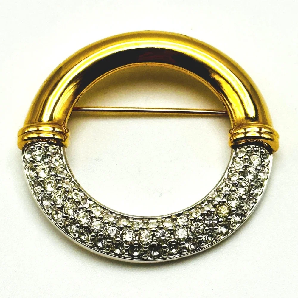 Swarovski Two Tone Pave Crystal Circle Brooch Gold Silver Tone Swan Logo Pin